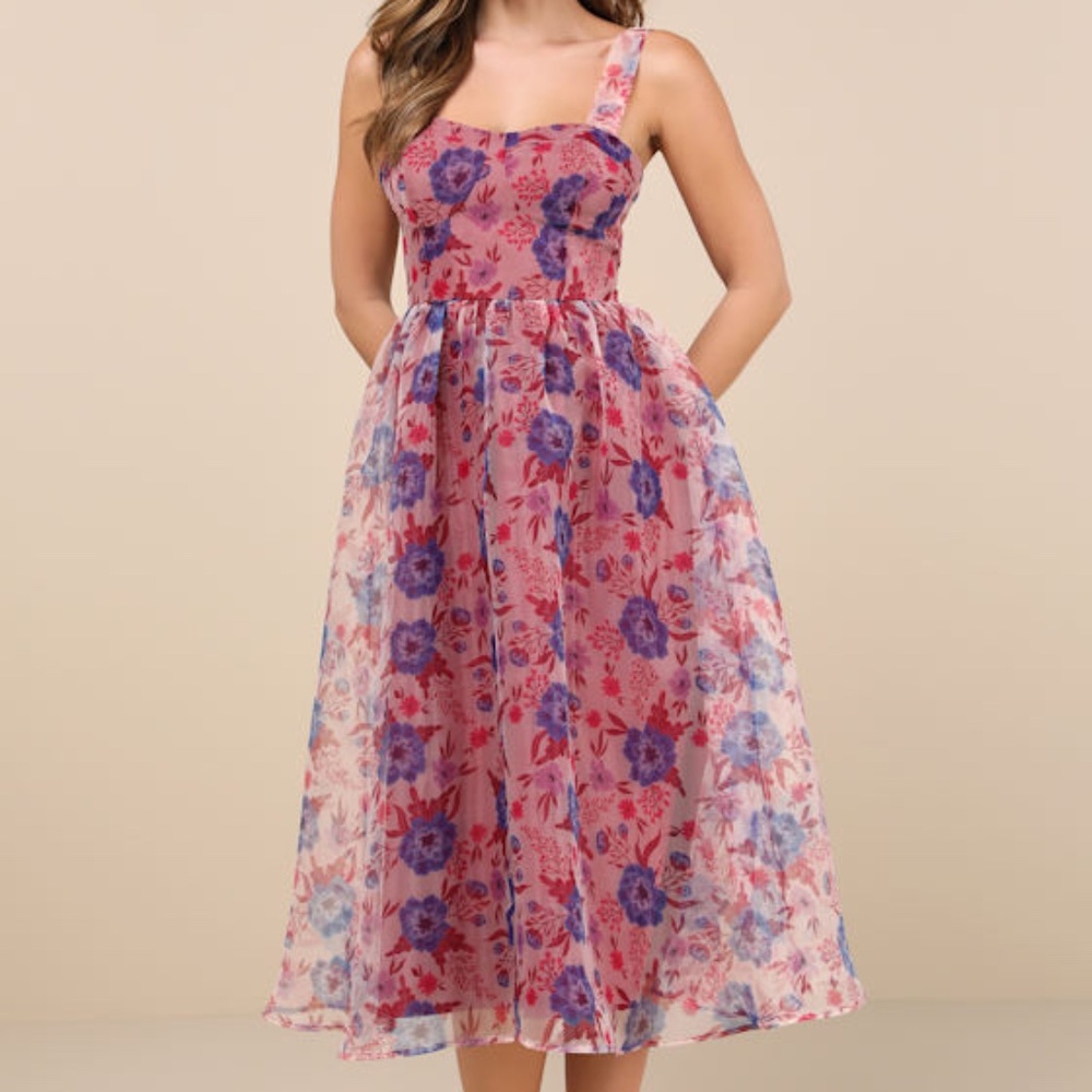 Lulus Delightful Look Magenta Floral Print Bustier Midi Skater Dress Pink